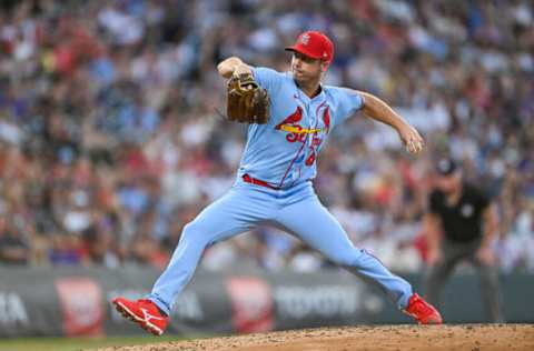 DENVER, CO – JULY 03: Wade LeBlanc #49 of the St. Louis Cardinals pitches against the Colorado Rockies during a game at Coors Field on July 3, 2021 in Denver, Colorado. (Photo by Dustin Bradford/Getty Images)