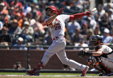 Nolan Arenado #28 of the St. Louis Cardinals bats against the San Francisco Giants in the top of the first inning at Oracle Park on July 05, 2021 in San Francisco, California. (Photo by Thearon W. Henderson/Getty Images)