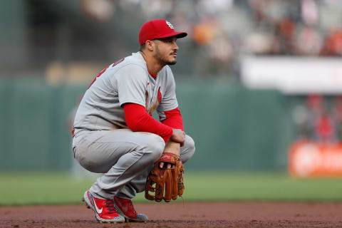 Nolan Arenado #28 of the St. Louis Cardinals looks on from third base against the San Francisco Giants at Oracle Park on July 07, 2021 in San Francisco, California. (Photo by Lachlan Cunningham/Getty Images)