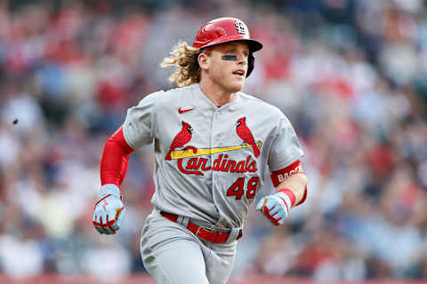 CLEVELAND, OH – JULY 27: Harrison Bader #48 of the St. Louis Cardinals rounds the bases after hitting a solo home run off Cal Quantrill #47 of the Cleveland Indians during the third inning at Progressive Field on July 27, 2021 in Cleveland, Ohio. (Photo by Ron Schwane/Getty Images)