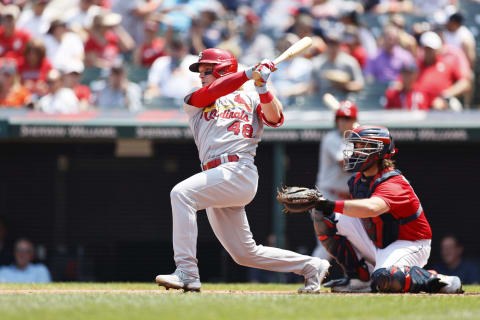 CLEVELAND, OH – JULY 28: Harrison Bader #48 of the St. Louis Cardinals bats against the Cleveland Indians during the first inning at Progressive Field on July 28, 2021 in Cleveland, Ohio. (Photo by Ron Schwane/Getty Images)