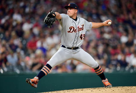 CLEVELAND, OHIO – AUGUST 06: Derek Holland #49 of the Detroit Tigers pitches during a game between the Cleveland Indians and Detroit Tigers at Progressive Field on August 06, 2021 in Cleveland. (Photo by Emilee Chinn/Getty Images)