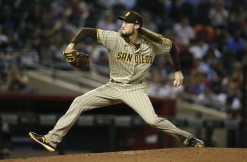 PHOENIX, ARIZONA – AUGUST 12: Relief pitcher Matt Strahm #55 of the San Diego Padres throws against the Arizona Diamondbacks during the fourth inning of the MLB game at Chase Field on August 12, 2021 in Phoenix, Arizona. (Photo by Ralph Freso/Getty Images)