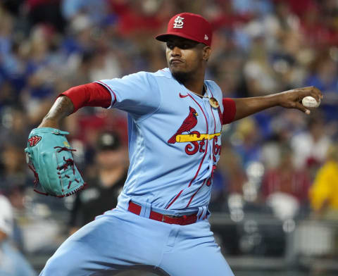 KANSAS CITY, MISSOURI – AUGUST 14: Genesis Cabrera #92 of the St. Louis Cardinals throws in the ninth inning against Kansas City Royals at Kauffman Stadium on August 14, 2021 in Kansas City, Missouri. (Photo by Ed Zurga/Getty Images)