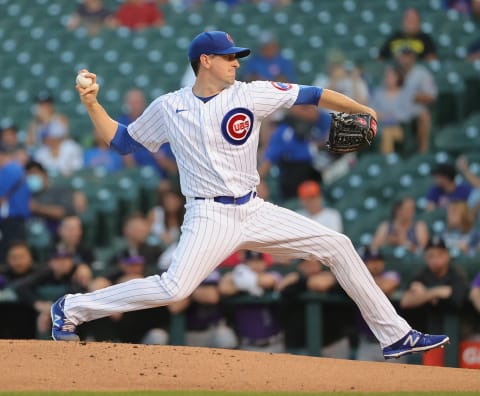 CHICAGO, ILLINOIS – AUGUST 23: Starting pitcher Kyle Hendricks #28 of the Chicago Cubs delivers the ball against the Colorado Rockies at Wrigley Field on August 23, 2021 in Chicago, Illinois. The Cubs defeated the Rockies 6-4. (Photo by Jonathan Daniel/Getty Images)