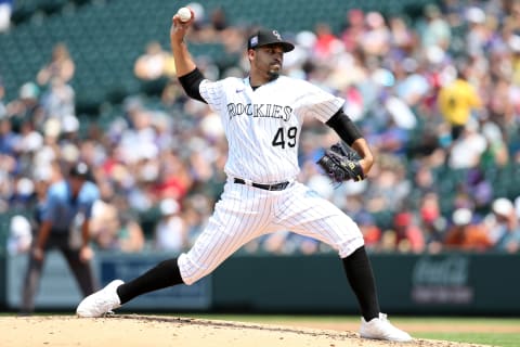 DENVER, CO – AUGUST 05: Antonio Senzatela #49 of the Colorado Rockies pitches during the game against the Chicago Cubs at Coors Field on August 5, 2021 in Denver, Colorado. The Rockies defeated the Cubs 6-5. (Photo by Rob Leiter/MLB Photos via Getty Images)