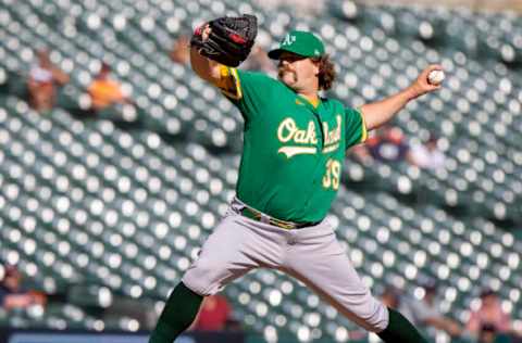 DETROIT, MI – SEPTEMBER 02: Andrew Chafin #39 of the Oakland Athletics pitches against the Detroit Tigers during a MLB game at Comerica Park on September 2, 2021 in Detroit, Michigan. Oakland defeated Detroit 8-6. (Photo by Dave Reginek/Getty Images)