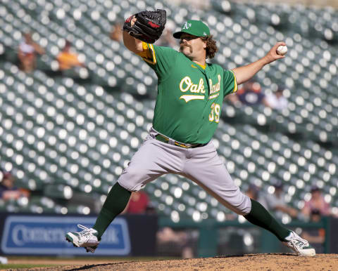 DETROIT, MI – SEPTEMBER 02: Andrew Chafin #39 of the Oakland Athletics pitches against the Detroit Tigers during a MLB game at Comerica Park on September 2, 2021 in Detroit, Michigan. Oakland defeated Detroit 8-6. (Photo by Dave Reginek/Getty Images)