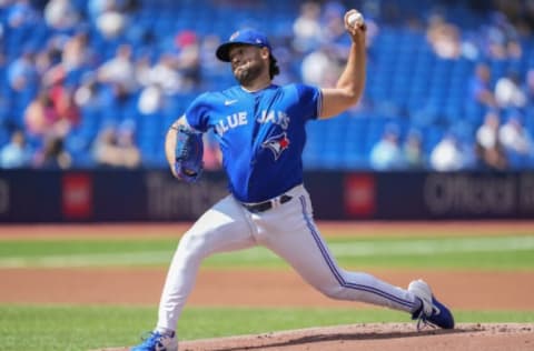 TORONTO, ONTARIO – SEPTEMBER 5: Robbie Ray #38 of the Toronto Blue Jays pitches to the Oakland Athletics in the first inning during their MLB game at the Rogers Centre on September 5, 2021 in Toronto, Ontario, Canada. (Photo by Mark Blinch/Getty Images)