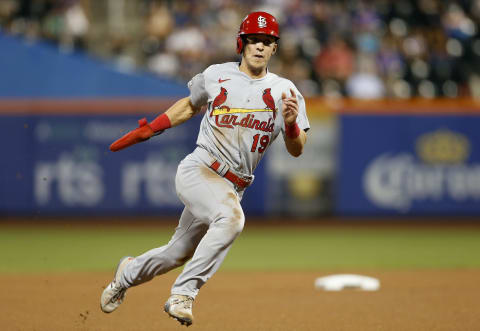 NEW YORK, NEW YORK – SEPTEMBER 15: Tommy Edman #19 of the St. Louis Cardinals in action against the New York Mets at Citi Field on September 15, 2021 in New York City. The Cardinals defeated the Mets 11-4. (Photo by Jim McIsaac/Getty Images)