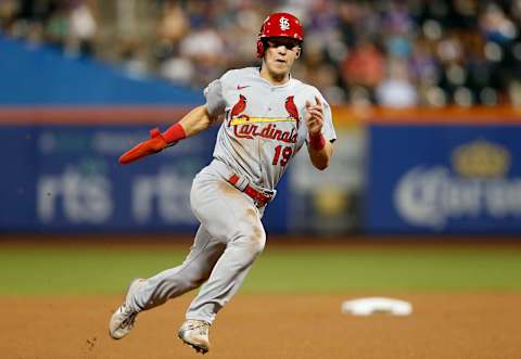 NEW YORK, NEW YORK – SEPTEMBER 15: Tommy Edman #19 of the St. Louis Cardinals in action against the New York Mets at Citi Field on September 15, 2021 in New York City. The Cardinals defeated the Mets 11-4. (Photo by Jim McIsaac/Getty Images)