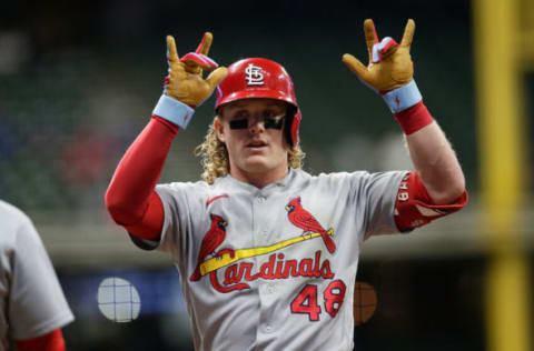 Harrison Bader #48 of the St. Louis Cardinals reacts after hitting a single in the fifth inning against the Milwaukee Brewers at American Family Field on September 22, 2021 in Milwaukee, Wisconsin. (Photo by John Fisher/Getty Images)