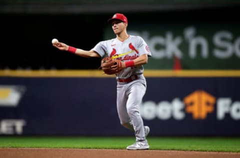 MILWAUKEE, WISCONSIN – SEPTEMBER 22: Tommy Edman #19 of the St. Louis Cardinals fields a ground ball against the Milwaukee Brewers at American Family Field on September 22, 2021 in Milwaukee, Wisconsin. Cardinals defeated the Brewers 10-2. (Photo by John Fisher/Getty Images)