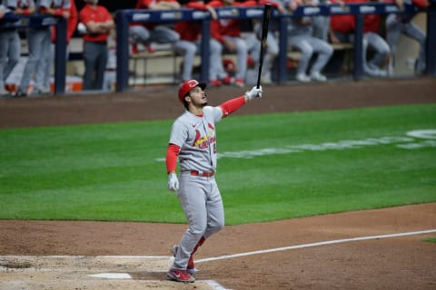 Nolan Arenado #28 of the St. Louis Cardinals up to bat against the Milwaukee Brewers at American Family Field on September 22, 2021 in Milwaukee, Wisconsin. Cardinals defeated the Brewers 10-2. (Photo by John Fisher/Getty Images)