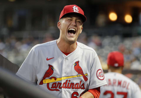 Lars Nootbaar #68 of the St. Louis Cardinals has a laugh before a game against the New York Mets at Citi Field on September 14, 2021 in New York City. The Cardinals defeated the Mets 7-6 in eleven innings. (Photo by Jim McIsaac/Getty Images)