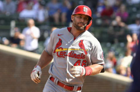 CHICAGO, ILLINOIS – SEPTEMBER 24: Paul Goldschmidt #46 of the St. Louis Cardinals hits a two-run home run in the third inning against the Chicago Cubs in game one of a doubleheader at Wrigley Field on September 24, 2021 in Chicago, Illinois. (Photo by Quinn Harris/Getty Images)