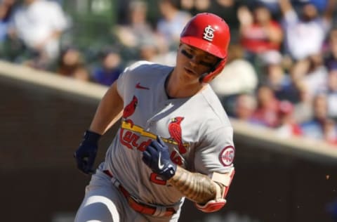 CHICAGO, ILLINOIS – SEPTEMBER 24: Tyler O’Neill #27 of the St. Louis Cardinals hits a two run home run in the fifth inning in game one of a doubleheader against the Chicago Cubs at Wrigley Field on September 24, 2021 in Chicago, Illinois. (Photo by Quinn Harris/Getty Images)