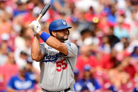 Albert Pujols #55 of the Los Angeles Dodgers at bat during a game between the Los Angeles Dodgers and Cincinnati Reds at Great American Ball Park on September 19, 2021 in Cincinnati, Ohio. (Photo by Emilee Chinn/Getty Images)