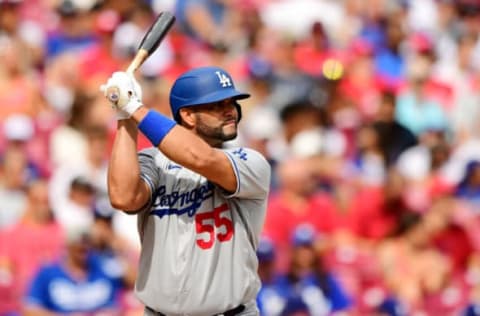 CINCINNATI, OHIO – SEPTEMBER 19: Albert Pujols #55 of the Los Angeles Dodgers at bat during a game between the Los Angeles Dodgers and Cincinnati Reds at Great American Ball Park on September 19, 2021 in Cincinnati, Ohio. (Photo by Emilee Chinn/Getty Images)