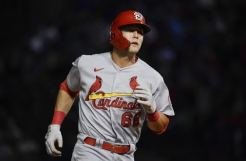 CHICAGO, ILLINOIS – SEPTEMBER 24: Lars Nootbaar #68 of the St. Louis Cardinals runs the bases after hitting a solo home run in the seventh inning against the Chicago Cubs in game two of a doubleheader at Wrigley Field on September 24, 2021 in Chicago, Illinois. (Photo by Quinn Harris/Getty Images)