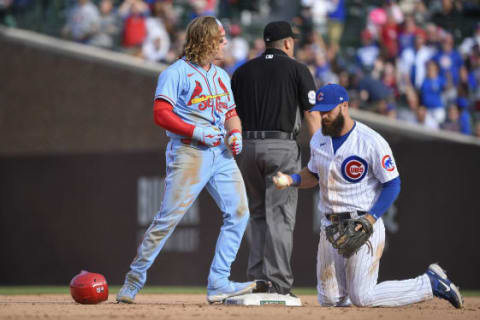 Harrison Bader #48 of the St. Louis Cardinals reacts after advancing to second base after his RBI single in the seventh inning against David Bote #13 of the Chicago Cubs at Wrigley Field on September 25, 2021 in Chicago, Illinois. (Photo by Quinn Harris/Getty Images)