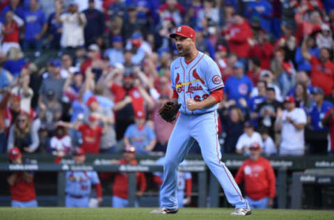 CHICAGO, ILLINOIS – SEPTEMBER 25: T.J. McFarland #62 of the St. Louis Cardinals reacts after getting the out in the eight inning against the Chicago Cubs at Wrigley Field on September 25, 2021 in Chicago, Illinois. (Photo by Quinn Harris/Getty Images)