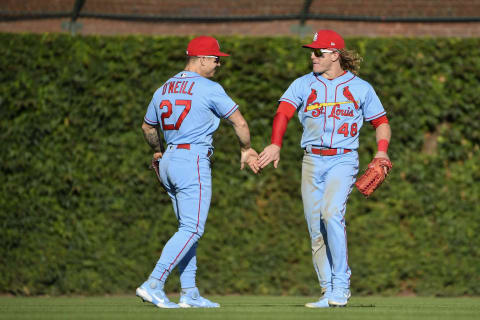 CHICAGO, ILLINOIS – SEPTEMBER 25: Tyler O’Neill #27 and Harrison Bader #48 of the St. Louis Cardinals celebrate the team win against the Chicago Cubs at Wrigley Field on September 25, 2021 in Chicago, Illinois. (Photo by Quinn Harris/Getty Images)