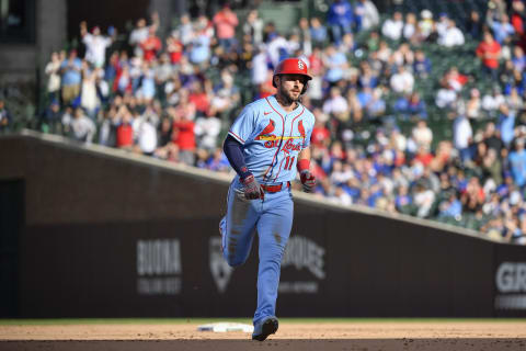 CHICAGO, ILLINOIS – SEPTEMBER 25: Paul DeJong #11 of the St. Louis Cardinals hits a home run against the Chicago Cubs at Wrigley Field on September 25, 2021 in Chicago, Illinois. (Photo by Quinn Harris/Getty Images)