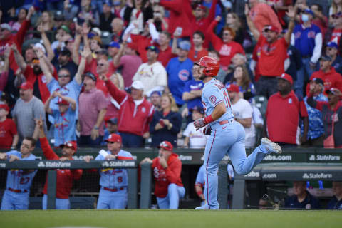 CHICAGO, ILLINOIS – SEPTEMBER 25: Paul DeJong #11 of the St. Louis Cardinals hits a home run against the Chicago Cubs at Wrigley Field on September 25, 2021 in Chicago, Illinois. (Photo by Quinn Harris/Getty Images)