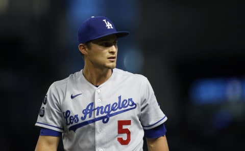 Corey Seager #5 of the Los Angeles Dodgers looks on prior to the MLB game against the Arizona Diamondbacks at Chase Field on September 24, 2021 in Phoenix, Arizona. (Photo by Ralph Freso/Getty Images)