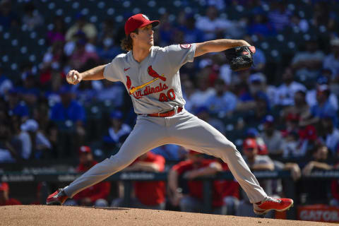 CHICAGO, ILLINOIS – SEPTEMBER 26: Jake Woodford #40 of the St. Louis Cardinals pitches in the first inning against the Chicago Cubs at Wrigley Field on September 26, 2021 in Chicago, Illinois. (Photo by Quinn Harris/Getty Images)