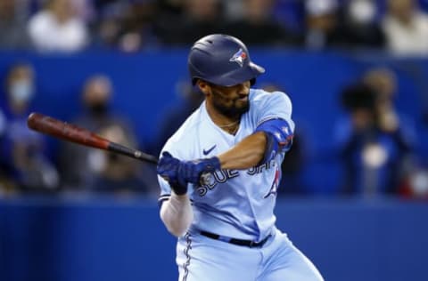 TORONTO, ON – SEPTEMBER 29: Marcus Semien #10 of the Toronto Blue Jays bats during a MLB game against the New York Yankees at Rogers Centre on September 29, 2021 in Toronto, Ontario, Canada. (Photo by Vaughn Ridley/Getty Images)