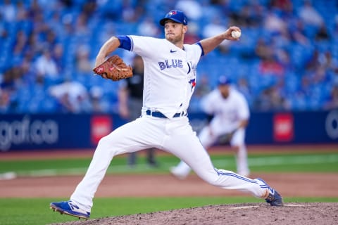 Steven Matz #22 of the Toronto Blue Jays bats against the Minnesota Twins on September 18, 2021 at Rogers Centre in Toronto, Ontario. (Photo by Brace Hemmelgarn/Minnesota Twins/Getty Images)