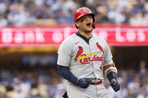 LOS ANGELES, CALIFORNIA – OCTOBER 06: Yadier Molina #4 of the St. Louis Cardinals reacts after flying out in the first inning against the Los Angeles Dodgers during the National League Wild Card Game at Dodger Stadium on October 06, 2021 in Los Angeles, California. (Photo by Harry How/Getty Images)