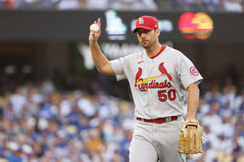 Adam Wainwright #50 of the St. Louis Cardinals reacts after catching a line drive out by Justin Turner #10 of the Los Angeles Dodgers to end in the first inning during the National League Wild Card Game at Dodger Stadium on October 06, 2021 in Los Angeles, California. (Photo by Harry How/Getty Images)