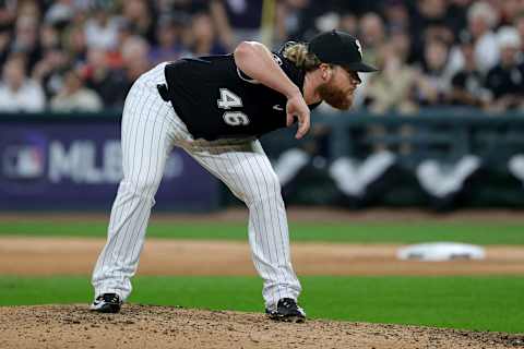 Craig Kimbrel #46 of the Chicago White Sox prepares to pitch in the eighth inning during game 3 of the American League Division Series against the Houston Astros at Guaranteed Rate Field on October 10, 2021 in Chicago, Illinois. (Photo by Stacy Revere/Getty Images)