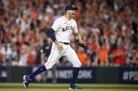 HOUSTON, TX – OCTOBER 22: Carlos Correa #1 of the Houston Astros reacts during the seventh inning of game six of the 2021 American League Championship Series against the Boston Red Sox at Minute Maid Park on October 22, 2021 in Houston, Texas. (Photo by Billie Weiss/Boston Red Sox/Getty Images)