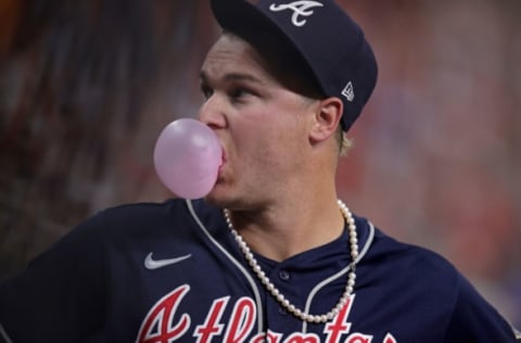 HOUSTON, TEXAS – OCTOBER 26: Joc Pederson #22 of the Atlanta Braves blows a bubble prior to Game One of the World Series against the Houston Astros at Minute Maid Park on October 26, 2021 in Houston, Texas. (Photo by Carmen Mandato/Getty Images)