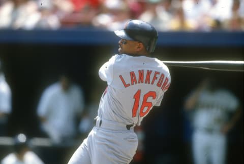 NEW YORK – CIRCA 1996: Ray Lankford #16 of the St. Louis Cardinals bats against the New York Mets during an Major League Baseball game circa 1996 at Shea Stadium in the Queens borough of New York City. Lankford played for the Cardinals from 1990-2001. (Photo by Focus on Sport/Getty Images)