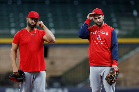 MILWAUKEE, WISCONSIN – APRIL 16: Paul Goldschmidt #46 and Albert Pujols #5 of the St. Louis Cardinals before the start of the game against the Milwaukee Brewers at American Family Field on April 16, 2022 in Milwaukee, Wisconsin. (Photo by John Fisher/Getty Images)