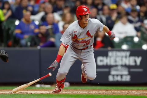 MILWAUKEE, WISCONSIN – APRIL 16: Tommy Edman #19 of the St. Louis Cardinals up to bat against the Milwaukee Brewers at American Family Field on April 16, 2022 in Milwaukee, Wisconsin. (Photo by John Fisher/Getty Images)