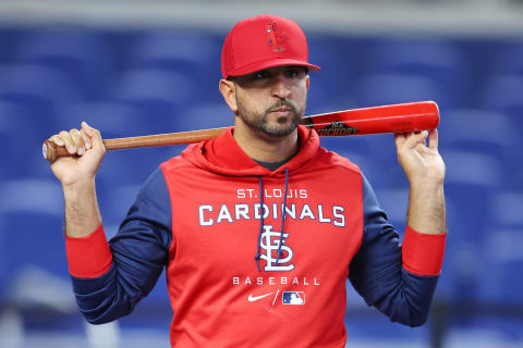 MIAMI, FLORIDA – APRIL 20: Manager Oliver Marmol #37 of the St. Louis Cardinals looks on during batting practice prior to the game against the Miami Marlins at loanDepot park on April 20, 2022 in Miami, Florida. (Photo by Michael Reaves/Getty Images)