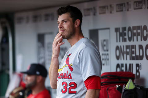 CINCINNATI, OHIO – APRIL 22: Steven Matz #32 of the St. Louis Cardinals looks on from the dugout in the second inning against the Cincinnati Reds at Great American Ball Park on April 22, 2022 in Cincinnati, Ohio. (Photo by Dylan Buell/Getty Images)