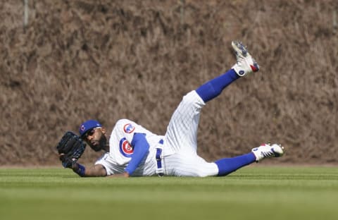 Jason Heyward #22 of the Chicago Cubs catches the fly out by Ben Gamel #18 of the Pittsburgh Pirates during the eighth inning of a game at Wrigley Field on April 23, 2022 in Chicago, Illinois. (Photo by Nuccio DiNuzzo/Getty Images)