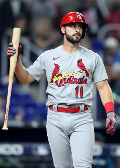 MIAMI, FLORIDA – APRIL 21: Paul DeJong #11 of the St. Louis Cardinals looks on against the Miami Marlins at loanDepot park on April 21, 2022 in Miami, Florida. (Photo by Megan Briggs/Getty Images)