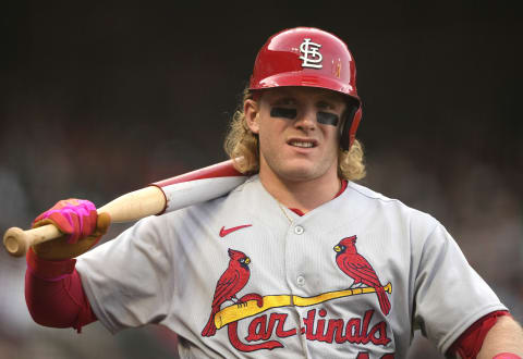 SAN FRANCISCO, CALIFORNIA – MAY 05: Harrison Bader #48 of the St. Louis Cardinals looks on from the on-deck circle against the San Francisco Giants in the top of the second inning at Oracle Park on May 05, 2022 in San Francisco, California. (Photo by Thearon W. Henderson/Getty Images)