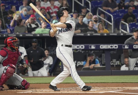 MIAMI, FLORIDA – APRIL 19: Joey Wendle #18 of the Miami Marlins bats against the St. Louis Cardinals at loanDepot park on April 19, 2022 in Miami, Florida. (Photo by Mark Brown/Getty Images)