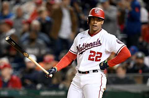 WASHINGTON, DC – MAY 10: Juan Soto #22 of the Washington Nationals reacts after fouling out to end the eighth inning against the New York Mets at Nationals Park on May 10, 2022 in Washington, DC. (Photo by G Fiume/Getty Images)