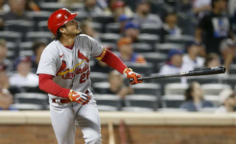 Nolan Arenado #28 of the St. Louis Cardinals follows through on his eighth inning two run home run against the New York Mets at Citi Field on May 18, 2022 in New York City. The Mets defeated the Cardinals 11-4. (Photo by Jim McIsaac/Getty Images)