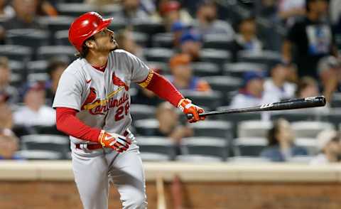 NEW YORK, NEW YORK – MAY 18: Nolan Arenado #28 of the St. Louis Cardinals follows through on his eighth inning two run home run against the New York Mets at Citi Field on May 18, 2022 in New York City. The Mets defeated the Cardinals 11-4. (Photo by Jim McIsaac/Getty Images)